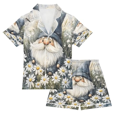 ALAZA Gnome Daisy Blossom Dragonfly Satin Pajamas Set Short Sleeve Button Down Sleepwear Summer Pjs 2 Piece