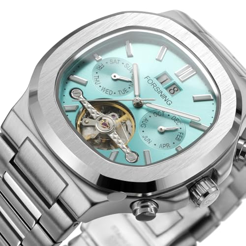 Image of FORSINING Automatic Mechanical Watch for Men, Classic Square Case, Tourbillon Dial, Multifunctional (Date /Week /Month) Business Casual Wristwatch with Stainless Steel Starp Waterproof Luminous