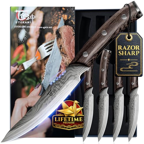 SYOKAMI Steakmesser Set 4 Teilig, 12,2cm Ugezahntes Steakmesser aus japanischem Edelstahl mit hohem Kohlenstoffgehalt und Holzgriff, Damastmuster, Full-Tang-Design, rasiermesserscharfe Tafel