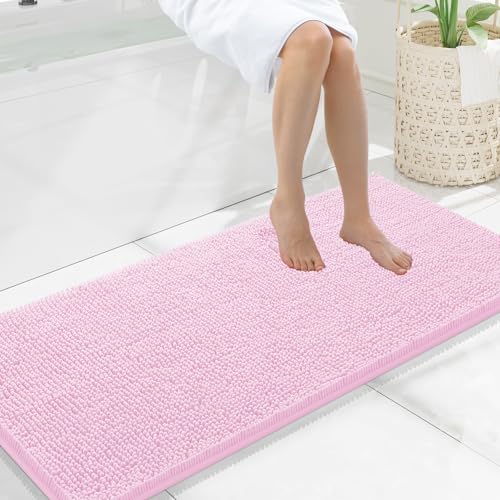 Smiry Luxury Chenille Bathroom Rugs 47x20, Extra Soft and Absorbent Shaggy Bath Mat, Machine Washable, Non-Slip Plush Carpet Runner for Tub, Shower, and Floor, Home Decor Accessories, Pink