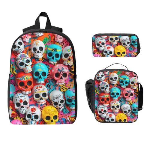 Cartoon Skull Backpacks 3 Pcs Lightweight Casual Backpack with Fun Graphic Cartoon Print for Outdoor Hiking and Travel