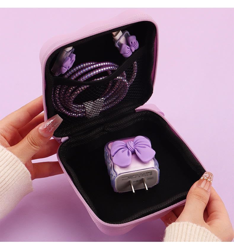 Image of CERLINK Charger Protector Combo Set for iPhone 18W /20W with Cute Protective Cover & Zipper Storage Pouch | Stylish Charging Accessory Gift Set (Pink Bow)