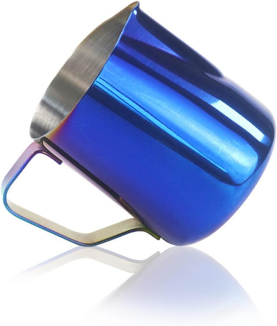Milk Frothing Pitcher Stainless Steel Frothing Coffee Pitcher Pull Flower Cup Cappuccino Milk Pot for Coffee Latte Art(Blue,9.2x9x11.2cm)