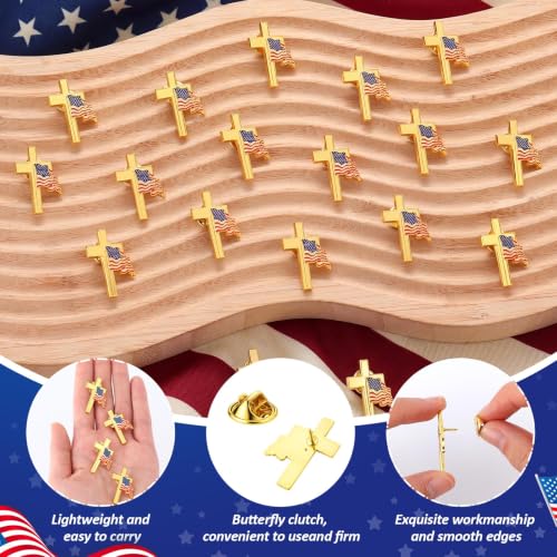 Image of Huquary Patriotic Cross with Waving American Flag Metal USA Flag Lapel Pins for American Patriotic Suits Jackets Hats Backpacks Clothes Decor