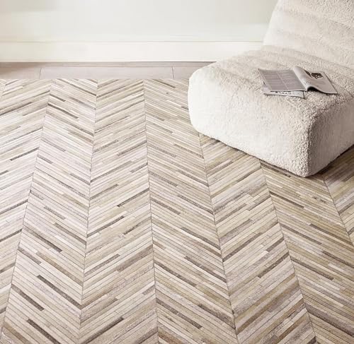 Image of Handmade Leather Area Rug, Luxurious Beige Chevron Pattern Artisan-Crafted Genuine Leather Rug Modern Living Room Leather Carpet Vinatge Area Rug for Bedroom Size: 9.9X14 ft