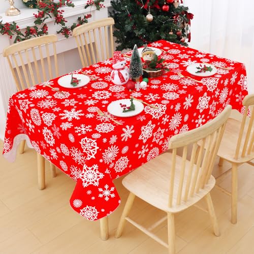 Smiry Christmas Rectangle Table Cloth, Waterproof Vinyl Tablecloth with Flannel Backing, Wipeable Snowflake Plastic Tablecloths for Christmas Table Decorations (60"x84", Christmas Red) – Image 3