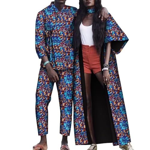 African Couple Outfits Matching Sets Kente Print Dresses for Women Men Ankara Outfits Top and Pants Party