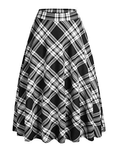 IDEALSANXUN Womens Plaid Skirt Elastic Waist A-line Midi Pleated Skirts (Large, Black&White)