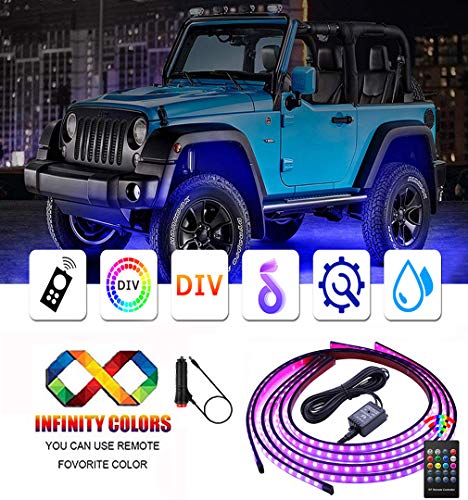 Car LED Underglow Strip Lights,4 Pcs Underbody Neon Strip Lights Kit with SoundSync Music,8 Color Wireless Remote Control 5050 SMD Exterior Car LED Strip Lights with Cable Tie
