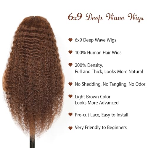 Echthaar Perücke Light Brown #4 Deep Wave 9x6 Pre-Cut Lace Front Wig Glueless Wig Human Hair 100% Unprocessed Brazilian Human Hair Wig Natural Hairline 26 Zoll (66cm) – Bild 6