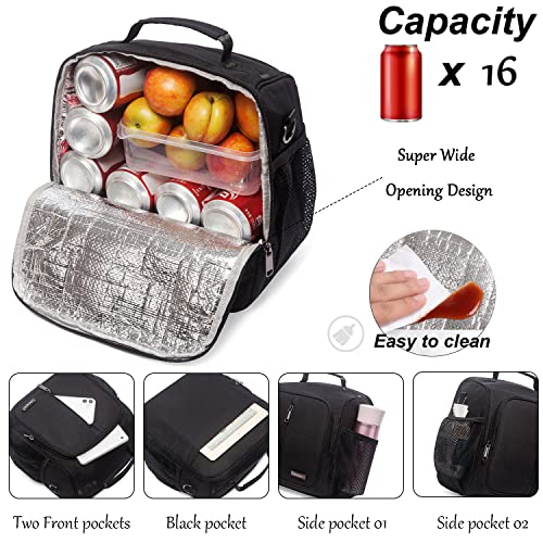 Ekerho Insulated Lunch Bag For Women/Men, Extra Wide-Open Lunch Tote, Reusable Cooler Bag With Adjustable Strap And Side Pockets, Thermal Lunch Box For Adults, Office, Work, Picnic, Black #TOP3