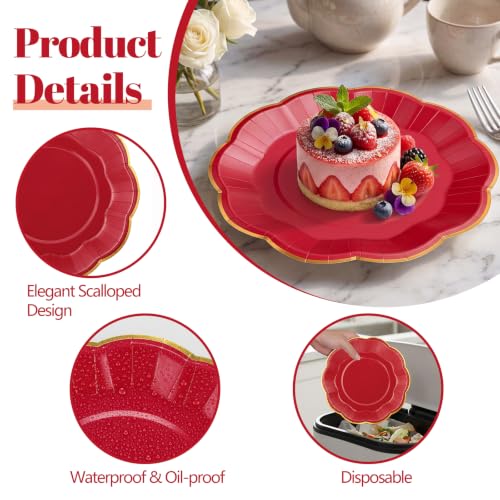 Image of 30 Pcs Red Plates with Gold Trim 9 Inch Scalloped Red Paper Dinner Plates