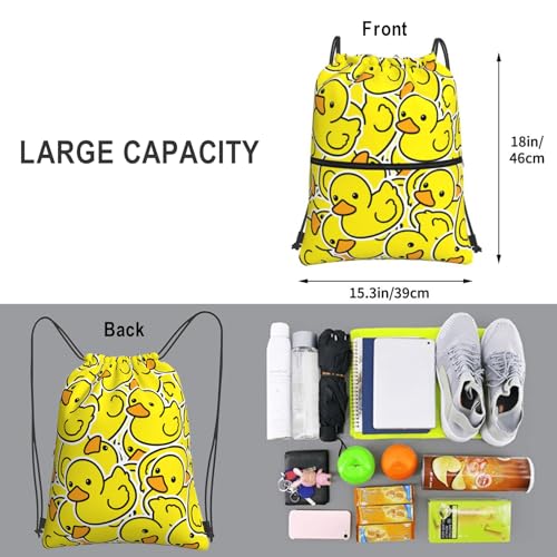 Image of Yellow Duck Drawstring Bag, Waterproof Drawstring Bckpack for Gym Sports Birthday Party Gift, Women Men Sackpack Bag with Front Zipper Pocket and Inside Zipper Pocket