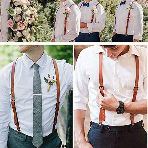 Image of EURYNOME Leather Suspenders For Men, Brown Genuine Leather Suspenders Groomsmen Gifts