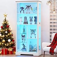 Gurexl Display Cabinet with Glass Doors,70'' Curio Cabinet with Adjustable Glass Shelf,4-Tier Display Cases with 3 Color Lights for Collectibles,Storage Cabinet with Human Body for Books,Toys,White