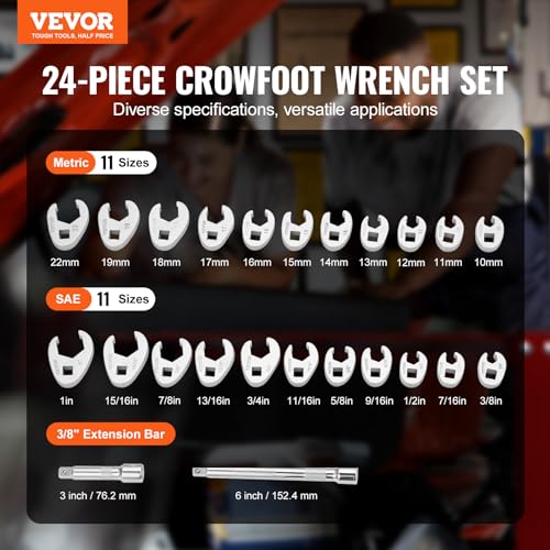 Image of VEVOR Crowfoot Wrench Set, 3 /8 inch Drive 24-Piece Crows Foot Wrench Set with 2 Extension Bars and EVA Tool Organizer, SAE 3 /8 inch-1 inch and Metric 10-22 mm, CRMO Steel and Mirror Chrome Finish