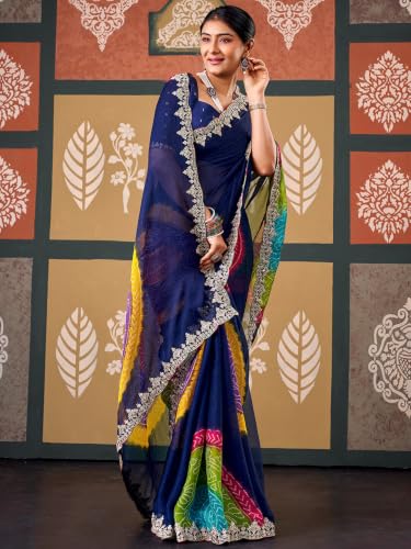 Image of SIRIL Women's Chiffon Bandhani Printed Saree, Sequence Embroidery Border