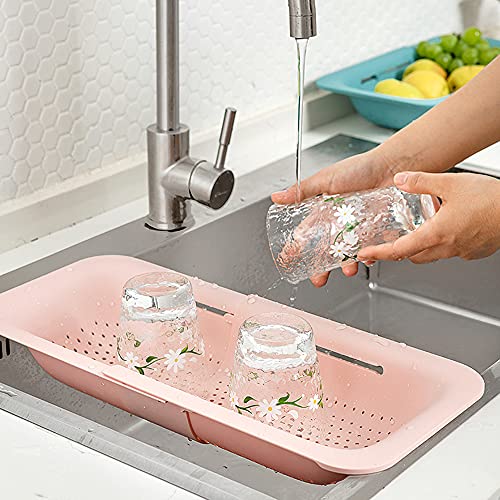 Image of Sink Colanders and Strainers Basket Retractable Plastic Fruit Vegetable Strainer Drainer Basket for Kitchen (Length 14.3 inch-19.4 inch) (Pink)