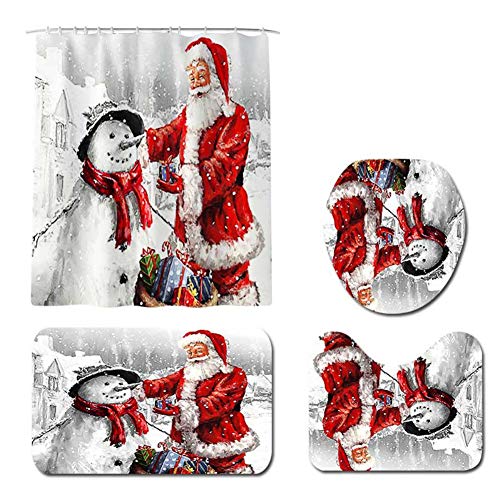Angmile Estilo de Navidad Cortina de Ducha Alfombrilla Alfombrilla de Asiento de Inodoro 4Pcs / Set Patrón de Papá Noel y muñeco de Nieve Suministros de decoración de baño