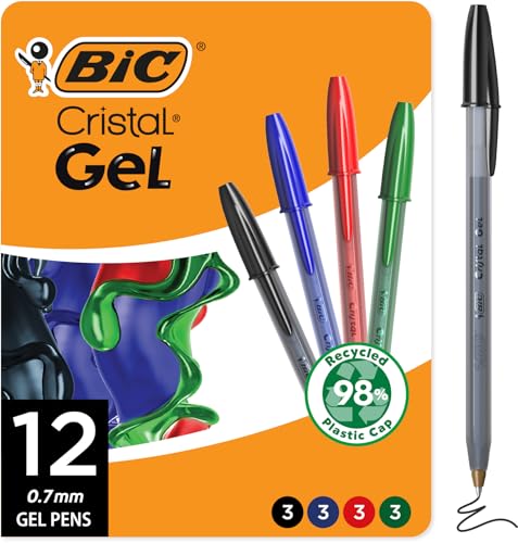 Image of BIC Cristal Gel Pens, Medium Point, 0.7 mm, Assorted Colors, 12-Count | Ultra Smooth Writing Experience, Long Lasting Ink Performance, Clear Barrel for Easy Ink Tracking, Assorted Color Options
