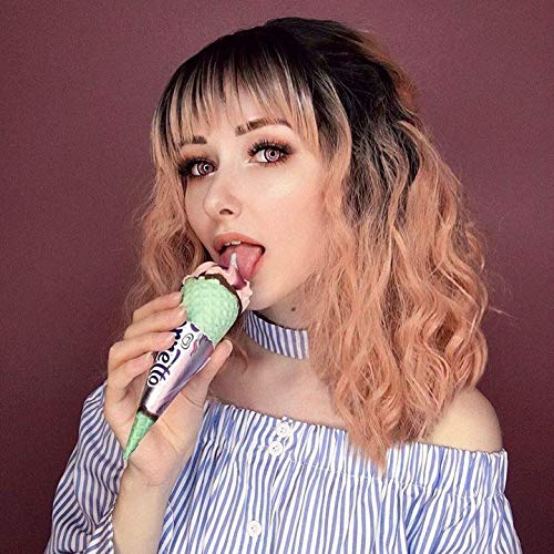 AISI HAIR Rose Pink Bob Wavy Wig with Bangs Short Curly Shoulder Length Wigs for Women Girl Synthetic Costume Colorful Wig