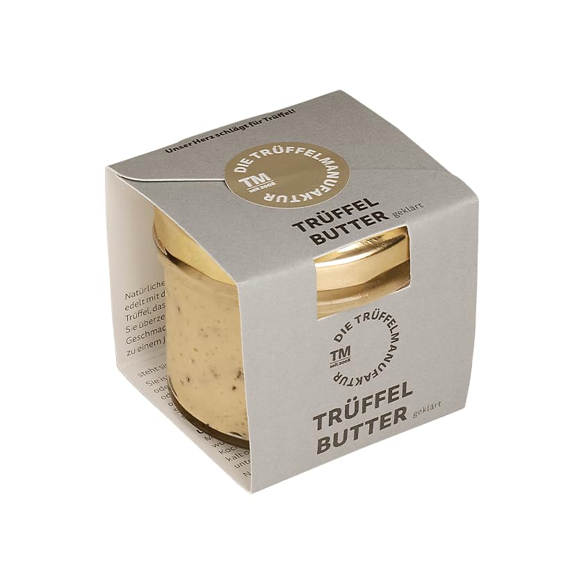 Die Trüffelmanufaktur - Feinkost Trüffelbutter Clari mit 15% Echtem Schwarzem Trüffel, Delikatesse für Feinschmecker, Weiße Butter im Glas á 90 g, Dank Butterreinfett Länger Haltbar