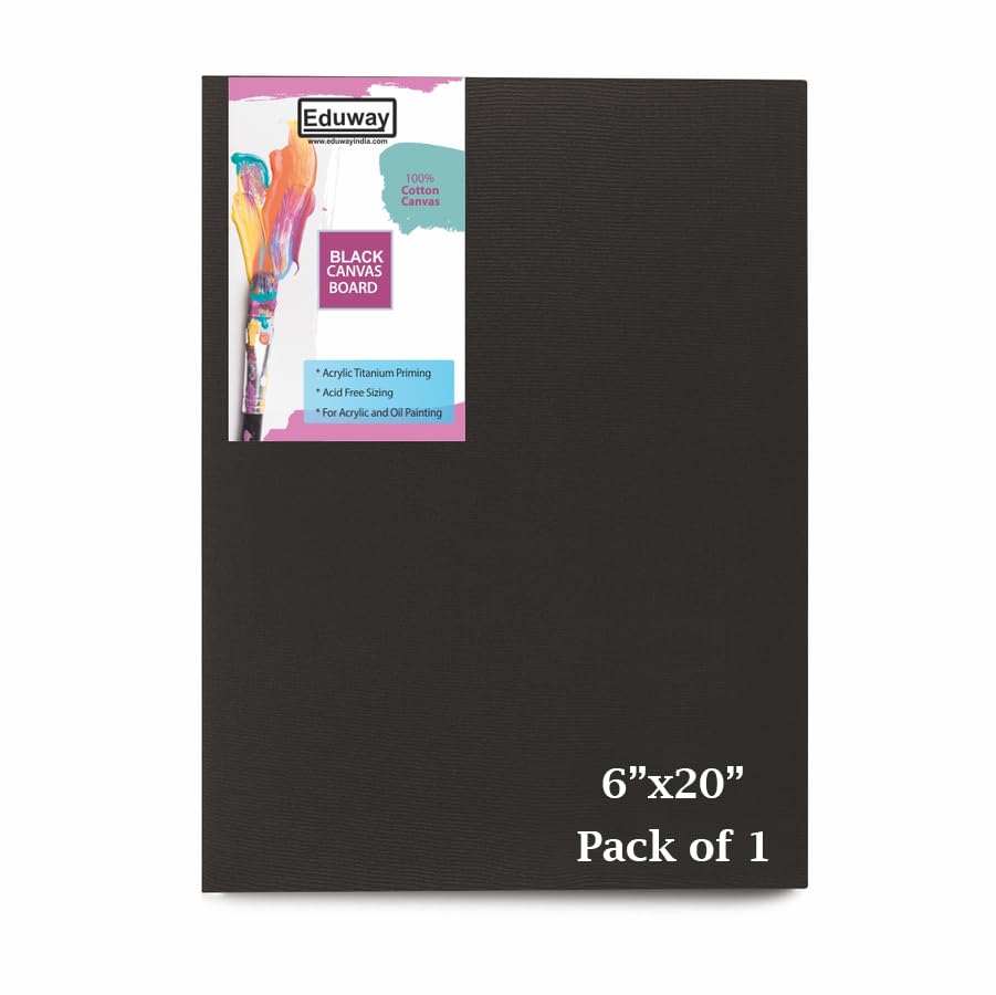 Eduway Medium Grain 6x20 inch Cotton Black Canvas Board- Pack of 1, (15x50 cms) with 4mm MDF Board Backing, for Painting.