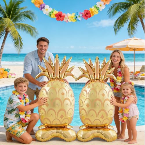 Image of PHOGARY 2 Pcs Big Pineapple Balloons, Standing Inflatable Hawaiian Foil Balloon for Summer Beach Pool Luau Hawaiian Aloha Party Decoration Birthday Fruit Themed Party Supplies