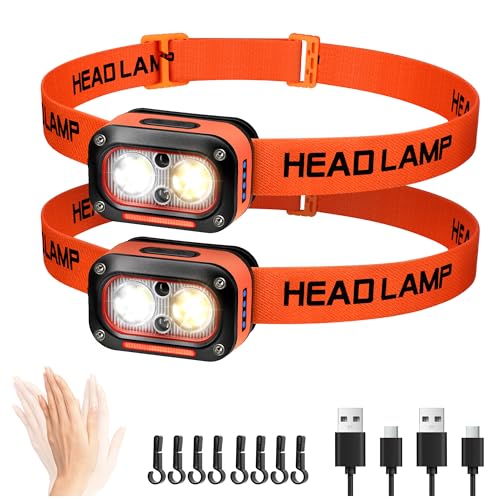 DARKBEAM LED Headlamp High Lumens USB Rechargeable Dual Light Headlight for Hardhat with Motion Sensor, Red Warning Light Up/Down Adjustable, Waterproof Head Lamps for Camping, Car Maintenance, 2 Pack