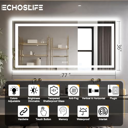 77"x36" Large LED Bathroom Mirror with Front Lit and Backlit, Anti-Fog Lighted Mirror for Wall, Stepless Dimmable Vanity Mirror, 3 Colors Smart Mirror (Horizontal/Vertical)