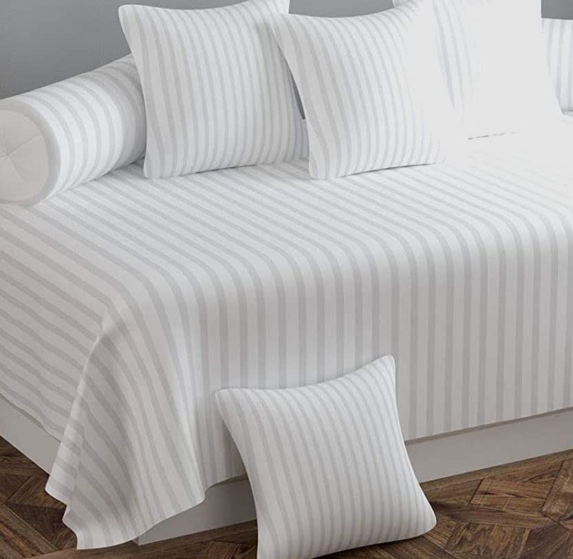 AASHIYANA SAJONA Microfibre 8-Piece White Strip Diwan Set - 90 '' x 60 '' -Diwan Set Soft Cotton, 1 (60 X 90 Inches) Bedsheet,5 (16x 16 inches) Cushion Covers and 2 Booster Covers 1