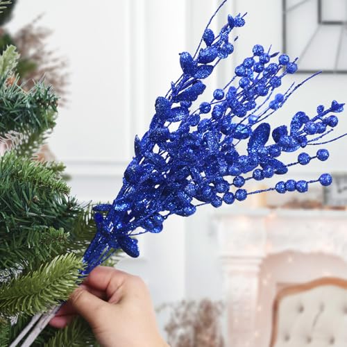CristBest 24-Pack Christmas Tree Picks Ornaments, Artificial Glitter Berry Stem Glittery Twigs Ornaments for Christmas Tree Decorations, Small Vase, Holiday, Wedding, Party Decorations (Blue) - image 5