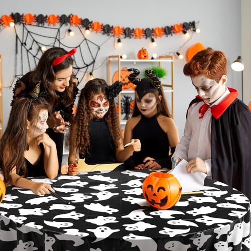 Image of Ganeen 6 Pcs Halloween Plastic Tablecloths 84 Inch White Black Ghost Disposable Table Cover Plastic Round Ghost Spooky Tablecloths Decoration for Halloween Baby Shower Party Supplies