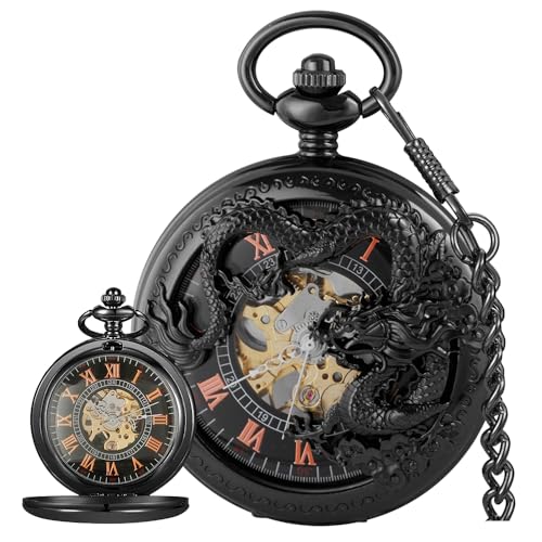 Image of Men's Mechanical Hollow Design Hand Wind Pocket Watch Roman Numerals Steampunk with Chain Box