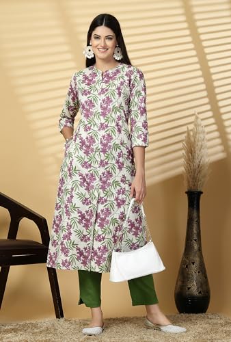 Image of Pistaa's Women's Cotton Regular Fit A Line Floral Print A-Line Regular Kurta