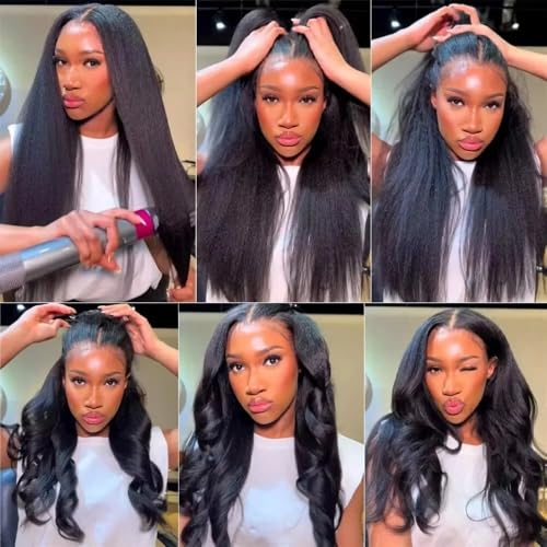 Image of Kinky Straight Human Hair Wig 4x4 Transparent Lace Closure Kinky Straight Wigs 180% Density Yaki Glueless Wigs Human Hair for Black Women Natural Black (24inch)