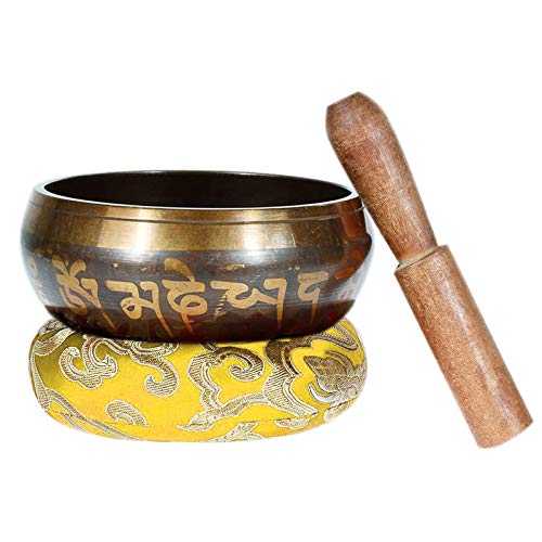 Tibetische Klangschale Set klein 8,5 cm mit Chakra Armband & Klöppel & Klangschalenkissen aus Nepal Singing Bowl für Meditation Schule Yoga Entspannung - Gelb - Keliti - Image 3