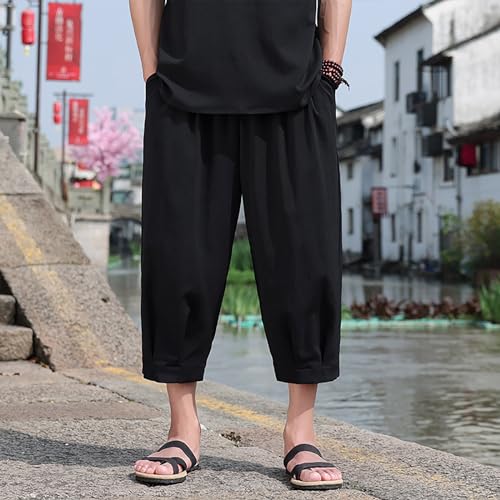 Zeiyignr Mens Cotton Linen Capri Pants Lightweight Loose 3/4 Long Shorts Elastic Waist Drawstring Casual Beach Yoga Trousers2