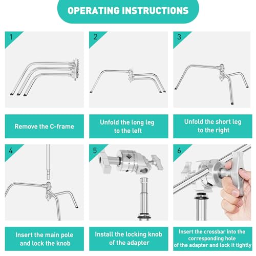 Lapgood C Stand 100% Edelstahl Heavy Duty mit Auslegerarm,Max Höhe 330cm Verstellbarer C Ständer Lampentständer mit 127cm Haltearm, 2 Griffköpfe für Studio Monolight, Softbox, Reflektor