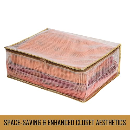 Image of Kuber Industries Pvc Pack Of 4 Saree Cover|Dress Packing Bags With Zip|Saree Pouches For Storage|Clothes Organizer For Wardrobe|Gold Lace|Transparent,30 * 22 Cm