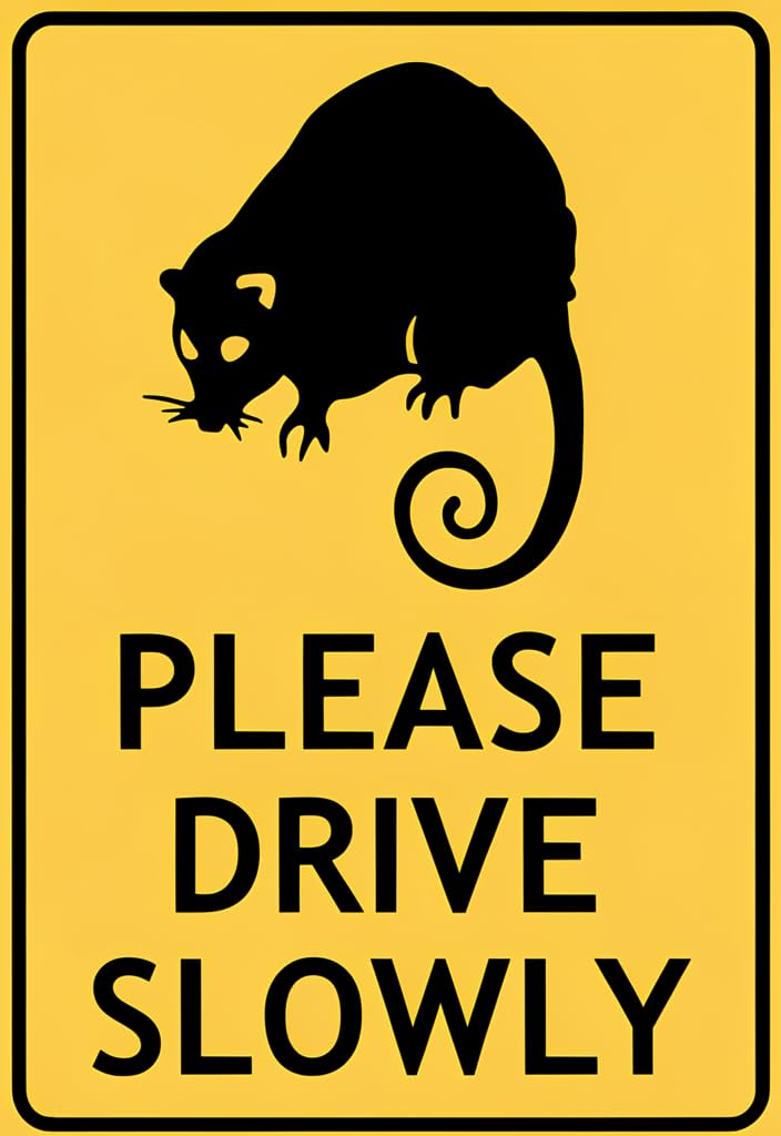 peiyeety 12x8 Inch Tin Metal Sign Please Drive Slowly with Opossum Graphic, Yellow & Black Rustic Road Safety Wall Decor for Driveway, Garage, Porch, Farmhouse Yard, Gift Idea