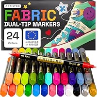 ARTISTRO 24 Fabric Markers - Dual-Tip Fabric Markers Permanent for Clothes - No Bleed Fabric Pens for T-Shirts, Bags, Textile, Canvas, and more (Brush Tip and Fine Tip)