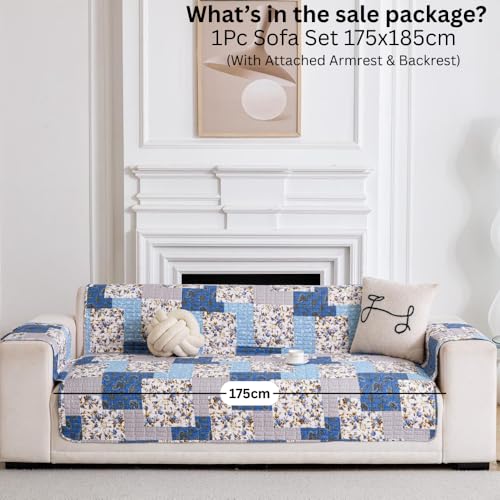 Image of HOMETHREADS Premium Style Anti Slip Sofa Cover Set | Cotton Sofa Slipcover | 1Pc Front Cover with Attached Armrest + 1Pc Back Cover (Blue White Sqr, 3 Seater | 175x185cm)