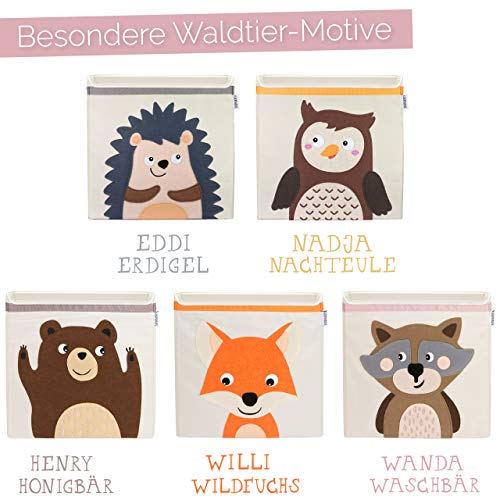GLÜCKSWOLKE Kinder Aufbewahrungsbox - 15 Motive I Spielzeugkiste mit Deckel für Kinderzimmer I Spielzeug Boxen (33x33x33) zur Aufbewahrung im Kallax Regal I Waldtiere Motiv Waschbär