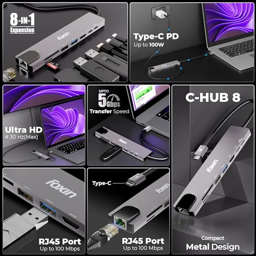 Image of Foxin 8-in-1 Type C Hub, 100W PD Charging, Aluminium Multiport Adapter, 4K HDMI, 100 Mbps RJ45 LAN Ethernet Port, USB 2.0 & 3.0, 2X Type C, TF /mSD /SD Card Reader, LED Indicator - C Hub 8