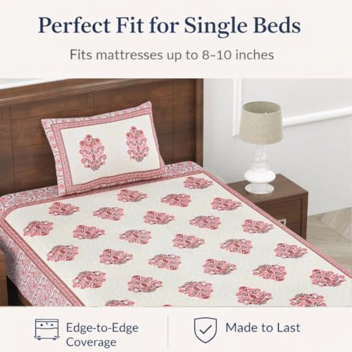 Image of elanorhomes 100% Cotton 240 TC Single Bed Sheet Set | Floral Printed Bedsheet with Pillow Cover | Soft Breathable Fabric for Bedroom | 60x90 Inches (Red Fulwari Print)