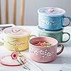 VanEnjoy 30oz Ceramic Bowl Set with Lid & Handle,Cherry Blossoms Among Snow Flake Pattern,Microwave for Instant Noodle Sara, Cereal Bowl (Blue)