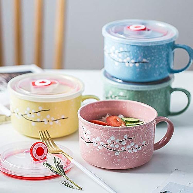 VanEnjoy 30oz Ceramic Bowl Set with Lid & Handle,Cherry Blossoms Among Snow Flake Pattern,Microwave for Instant Noodle Sara, Cereal Bowl (Blue)