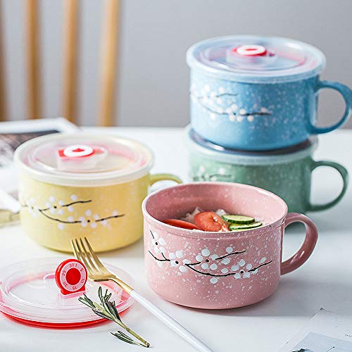Vanenjoy 30Oz Ceramic Bowl Set With Lid & Handle,Cherry Blossoms Among Snow Flake Pattern,Microwave For Instant Noodle Sara, Cereal Bowl (Yellow) #TOP4