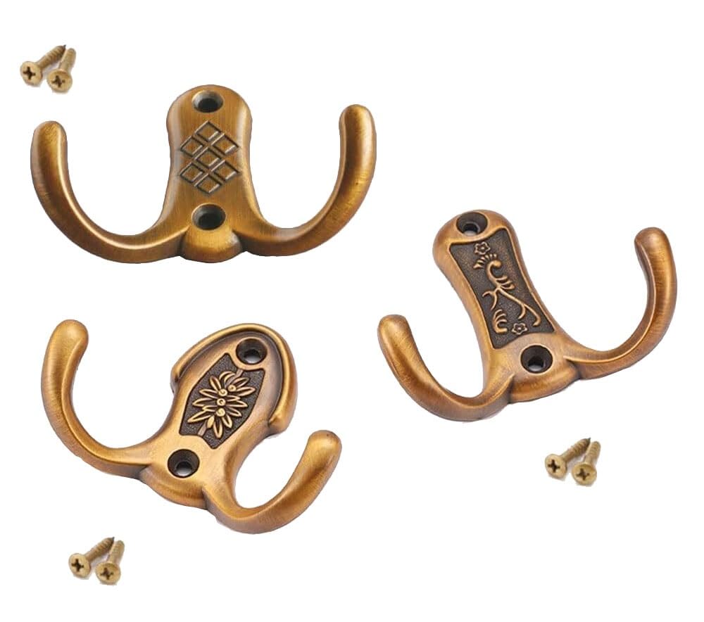 LCANALLYMS Wall hooks, Wall Hooks Screw in Heavy Duty Set of 3 Small Metal Brushed Coat Rack Antique Bronze Double-Hook for Bath Entryway Hall Closet Garage Hanging Towel(B)